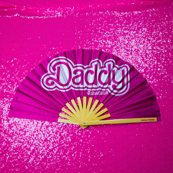 Hot Pink Bamboo Clack Fan with "Daddy" Design – Fully Opened View