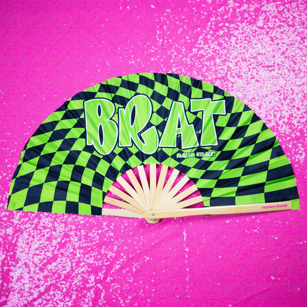 Black and neon green Brat bamboo clack fan. Large folding rave fan perfect for festivals, Pride events, drag shows and queer nightlife.