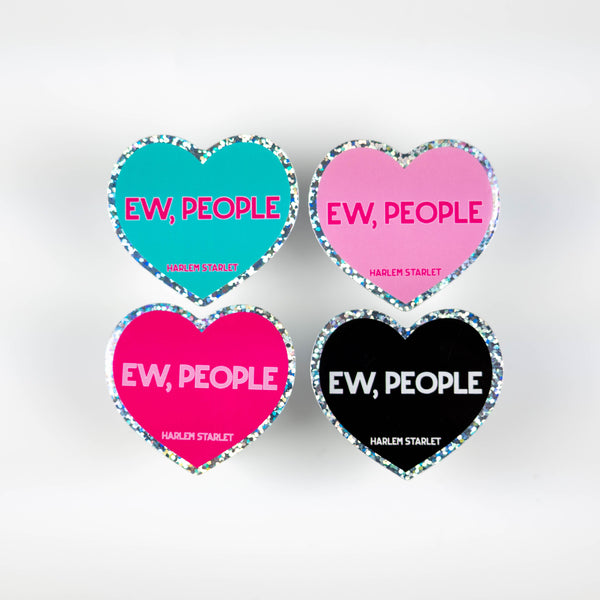 Ew People glitter statement stickers shown together in aqua, black and pink sparkly colour variants.
