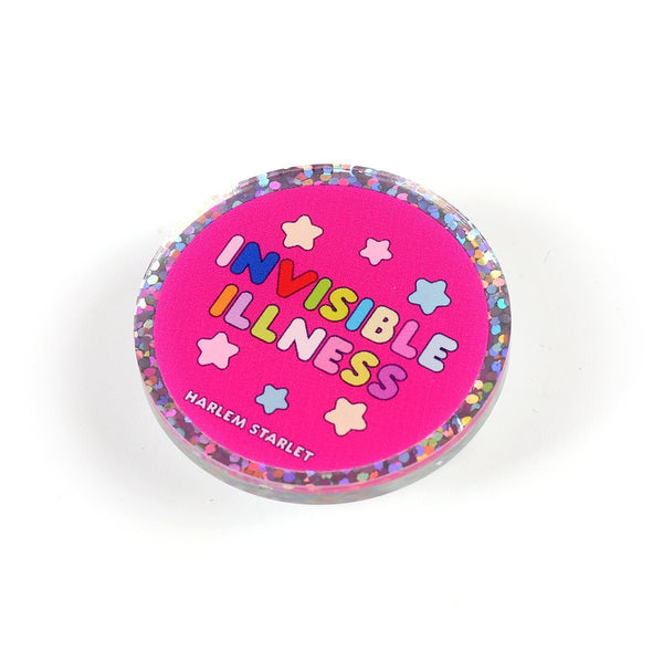 Pin - Invisible Illness Round Glitter in Hot Pink - Harlem Starlet