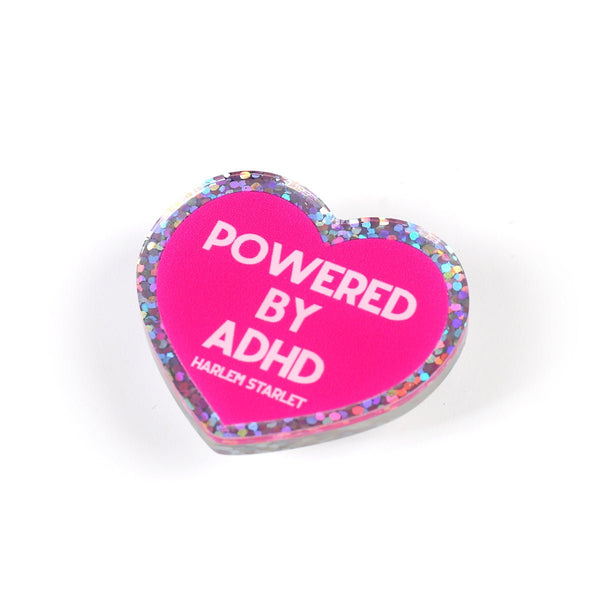 Pin - Powered by ADHD Glitter Heart in Hot Pink - Harlem Starlet