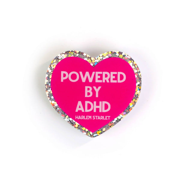 Pin - Powered by ADHD Glitter Heart in Hot Pink - Harlem Starlet