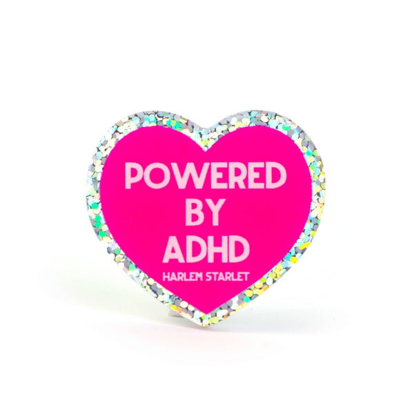 Pin - Powered by ADHD Glitter Heart in Hot Pink - Harlem Starlet