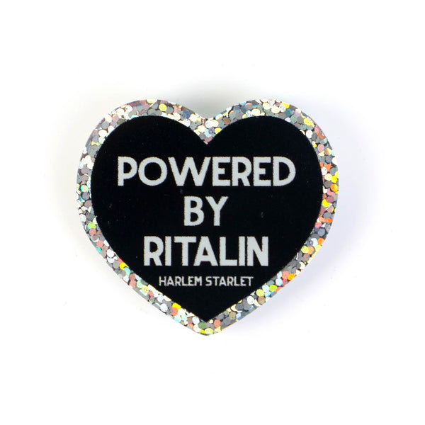 Pin - Powered by Ritalin Glitter Heart in Black - Harlem Starlet