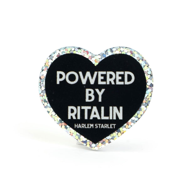 Pin - Powered by Ritalin Glitter Heart in Black - Harlem Starlet