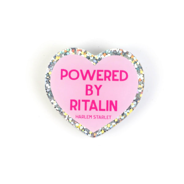 Pin - Powered by Ritalin Glitter Heart in Pink - Harlem Starlet