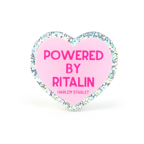 Pin - Powered by Ritalin Glitter Heart in Pink - Harlem Starlet