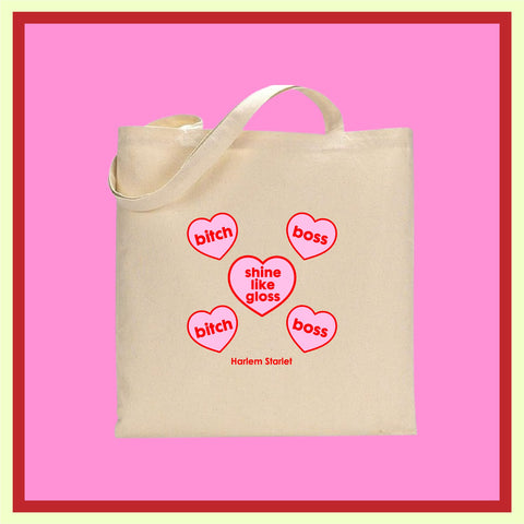 Tote Bag - Bitch Boss Shine Like Gloss Candy Heart in Red & Pink - Harlem Starlet